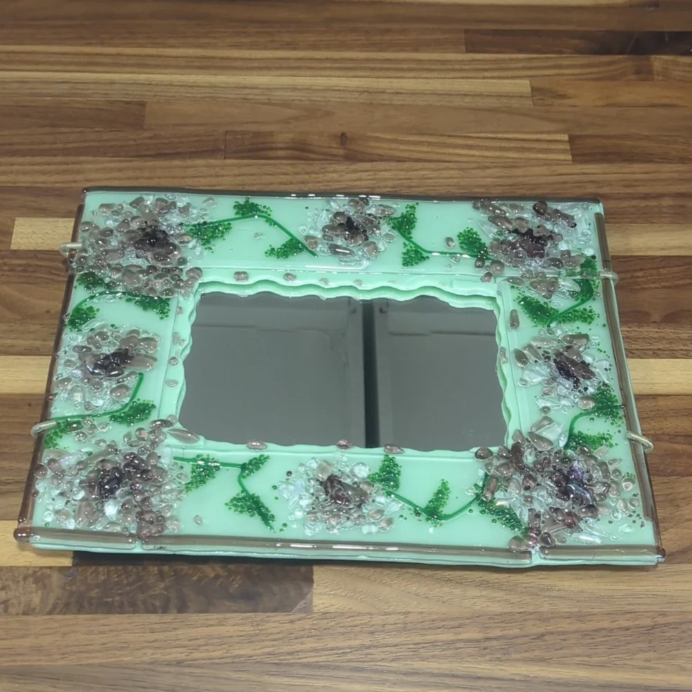 Artist made 8x10 fused glass mirror with hanger flowers green
